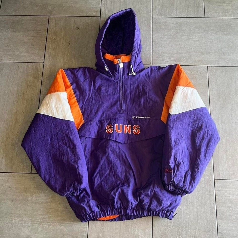 Vintage Phoenix Suns NBA Half Zip Hooded Windbreaker Jacket Purple Orange XL